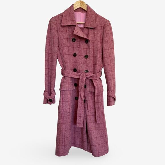 Vintage Pink Plaid Double-Breasted Coat Knee Length UK Size Small Belt Pockets - Picture 6 of 9
